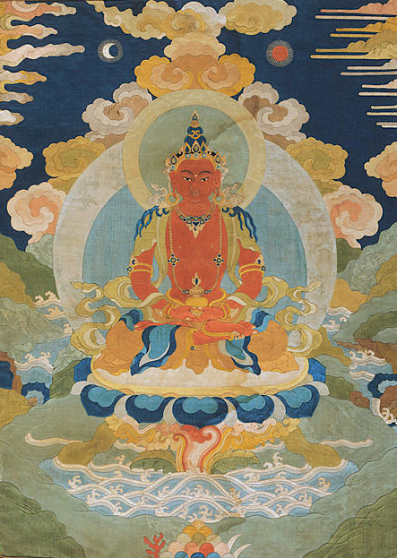 Buddha Amitabha in Tibetan Buddhism, traditional Thangka painting.