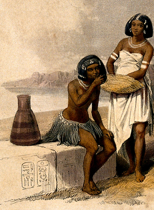 Credit: Wellcome Library, London Group of Nubian women and children resting by the Nile at Korti, Sudan. Coloured lithograph by Louis Haghe after David Roberts, 1846. - ewigeweisheit.de