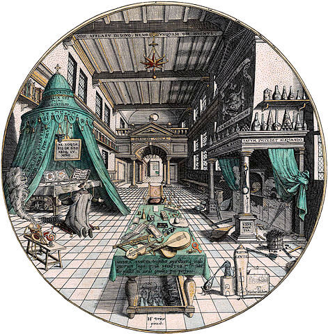 Illustration von Hans Vredeman de Vries: Im Labor des Alchemisten - ewigeweisheit.de