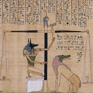 Die Waage der Maat in der Szene aus dem alt-ägyptischen Totengericht, Illustration aus dem Totenbuch des Hunefer – ewigeweisheit.de