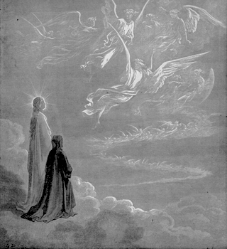 Dante an der Seite Beatrices, die Engel des Paradieses schauend – ewigeweisheit.de