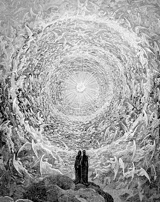 Dante und Beatrice erblicken Gottes Angesicht in der Rose des Himmels – ewigeweisheit.de