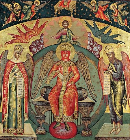 Sophia, die Weisheit Gottes: Russische Ikone aus den 1670er Jahren. Die Heilige Sophia, hier abgebildet zwischen Jungfrau Maria (links) und Johannes dem Täufer (rechts) ist ein wichtiges Bild wenn die Rede ist von einem Esoterischen Christentum - ewigeweisheit.de