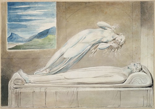 Seele über dem Körper schwebend, Illustration von William Blake - ewigeweisheit.de